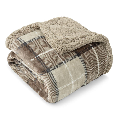 PAVILIA taupe plaid sherpa blanket on couch for cozy warmth.
