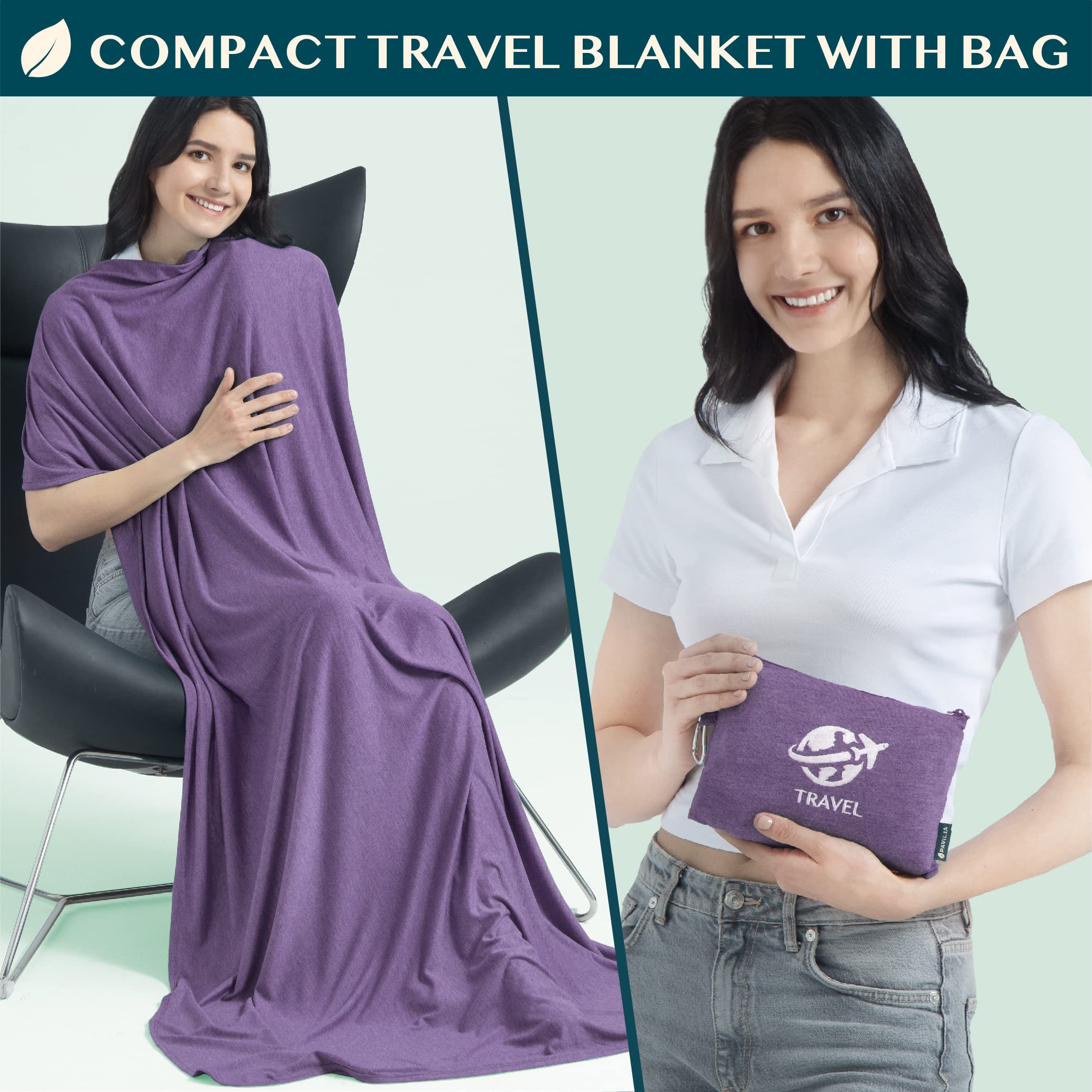 PAVILIA travel blanket folded in its compact bag for easy packing.