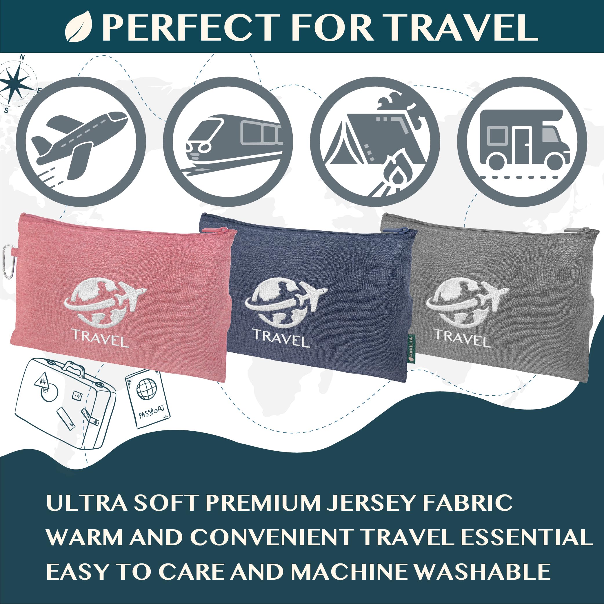 PAVILIA blanket folded in its packable bag for easy storage.
