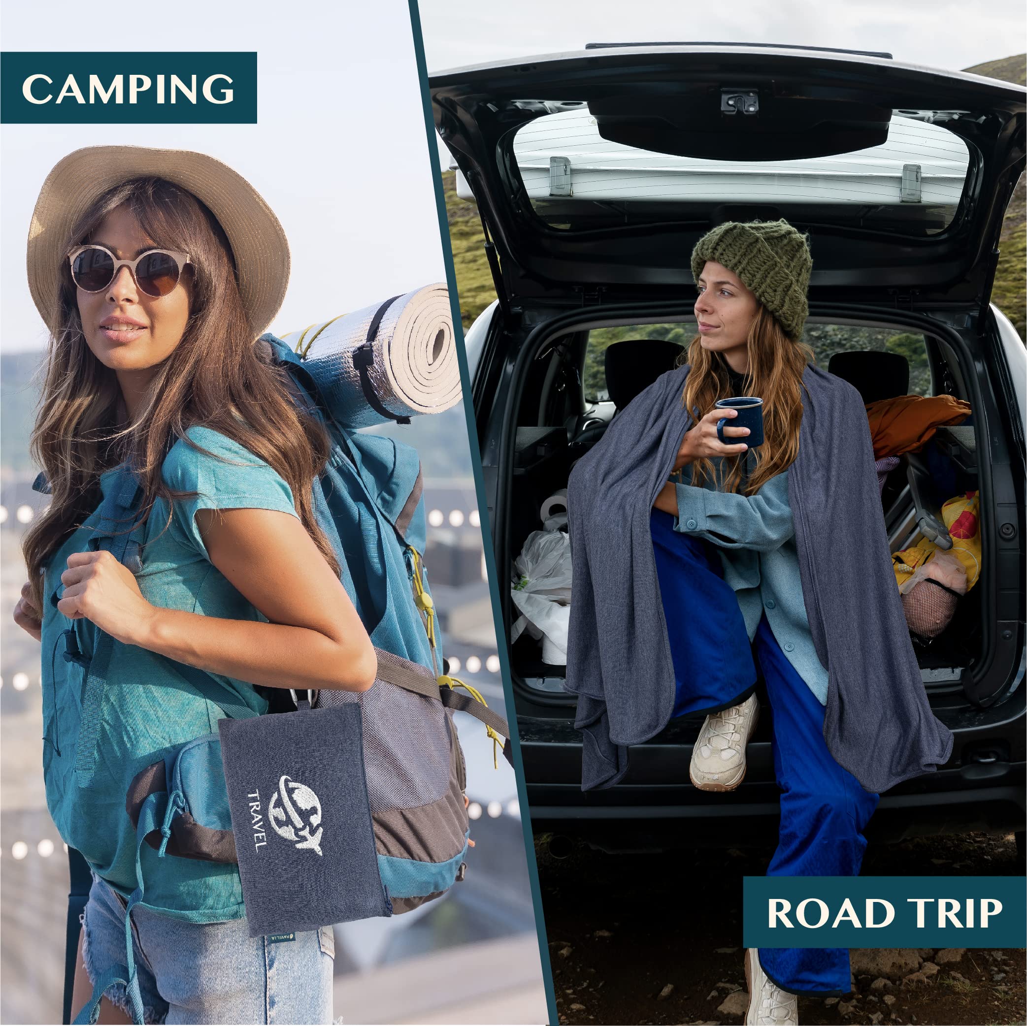PAVILIA blanket attaches to luggage with sleeve and D-ring clip.