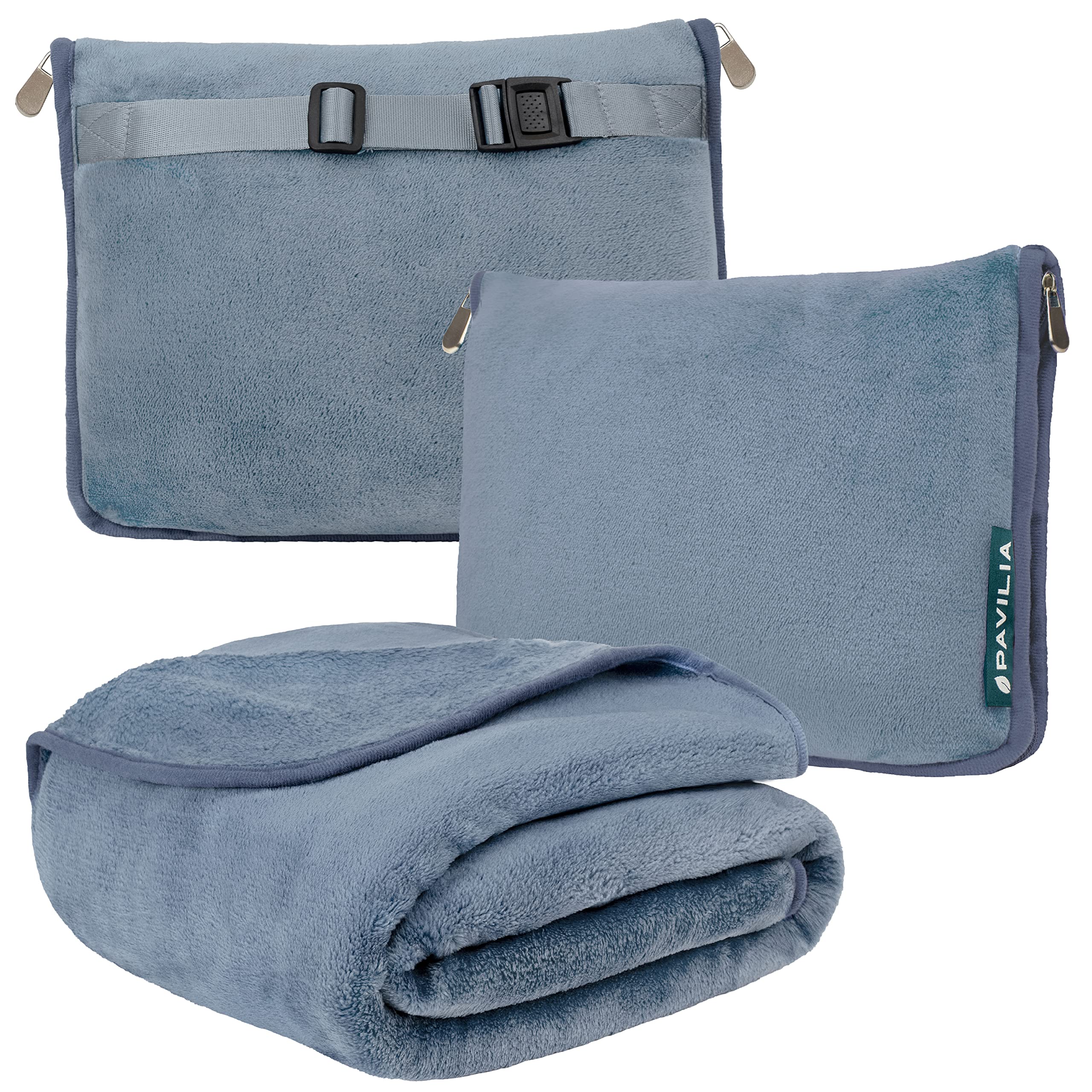 PAVILIA travel blanket pillow folded into a cozy pillowcase for compact comfort.
