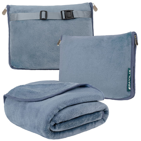 PAVILIA travel blanket pillow folded into a cozy pillowcase for compact comfort.