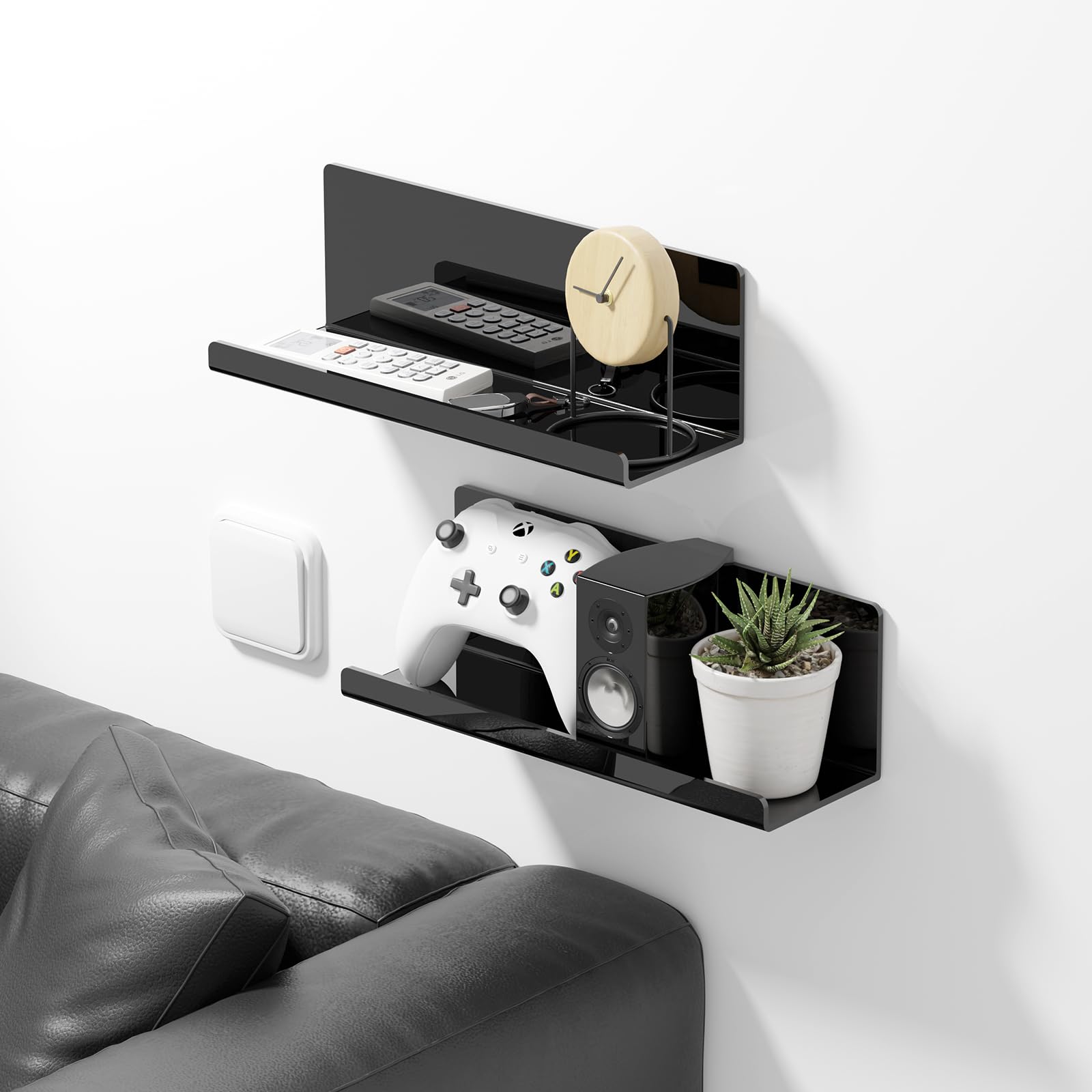 PAVSTINE no-drill wall shelf with adhesive secures lightweight items on smooth surfaces.