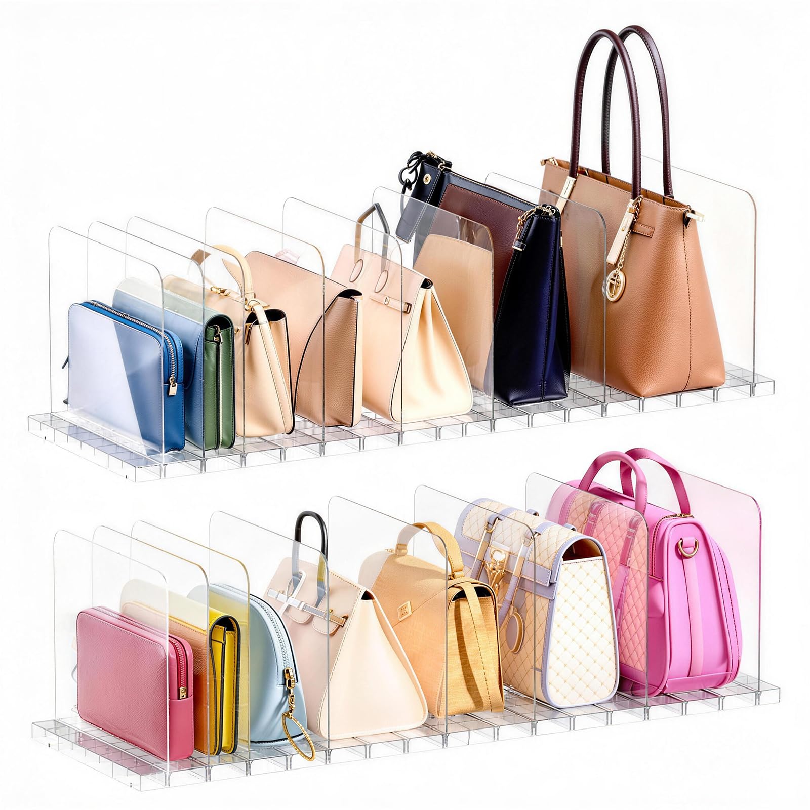 PAVSTINE purse organizer with four dividers keeps bags upright for quick access.