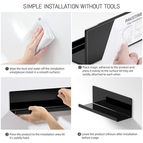 PAVSTINE adhesive wall shelf supports daily items on tiles and glass.
