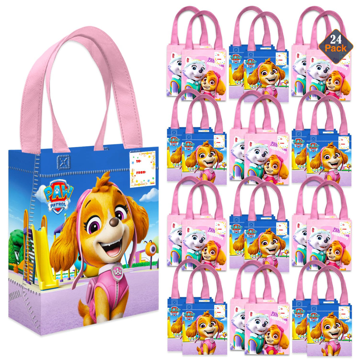 Paw Patrol Skye party favor bags set of 24 reusable totes for kids' celebrations.