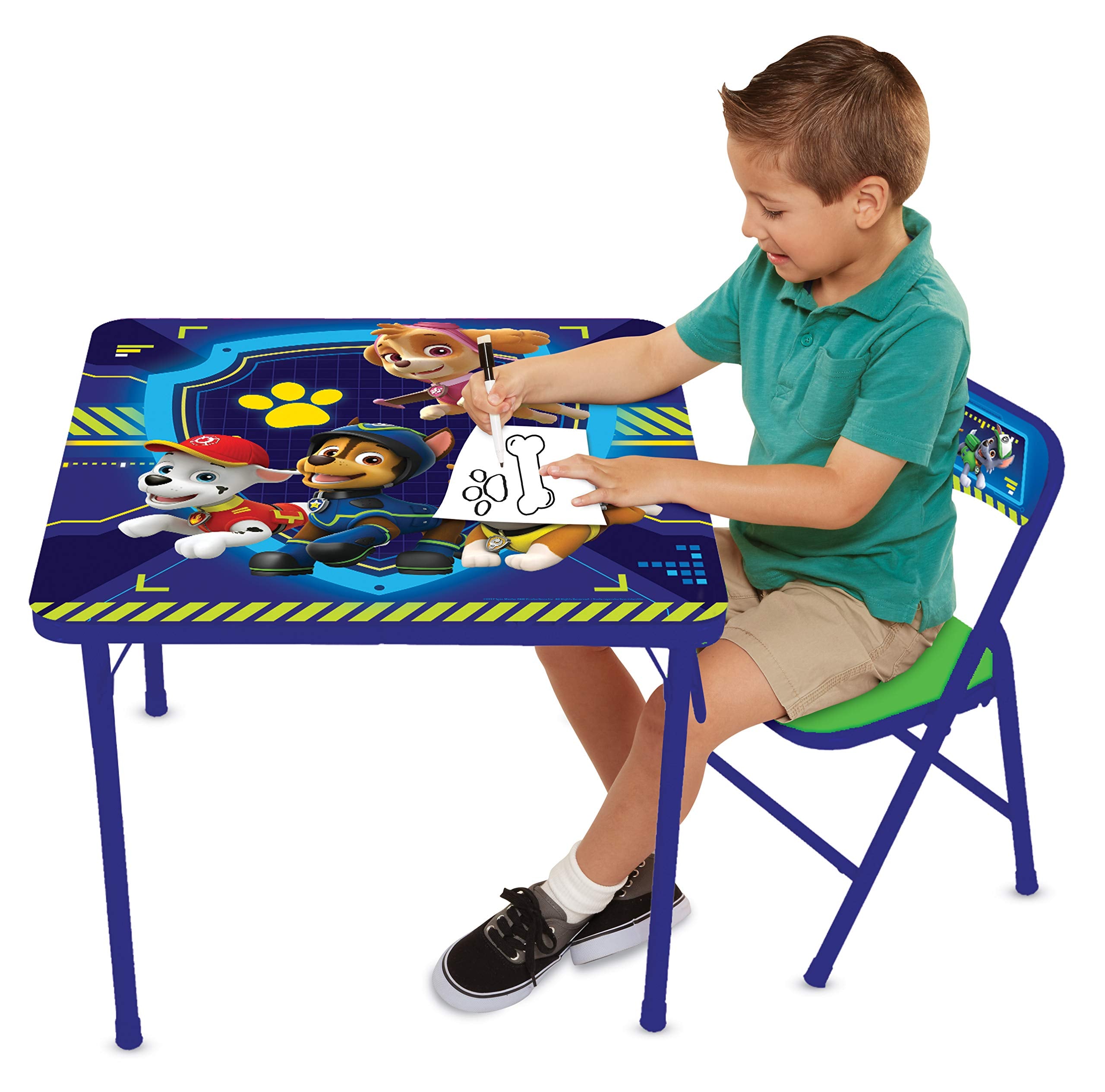 Paw Patrol folding table demonstrates compact storage and quick setup.