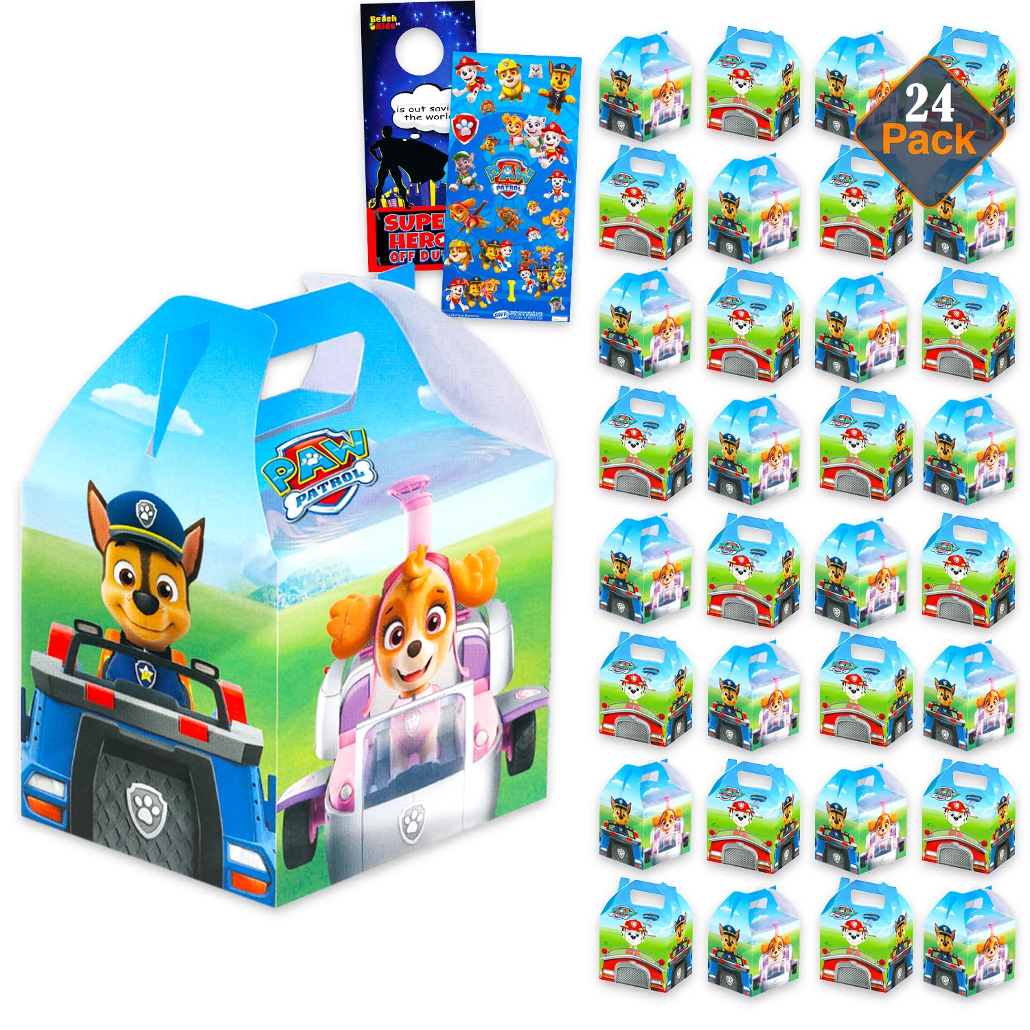 Paw Patrol treat boxes with 24 favors, ideal for birthdays and celebrations