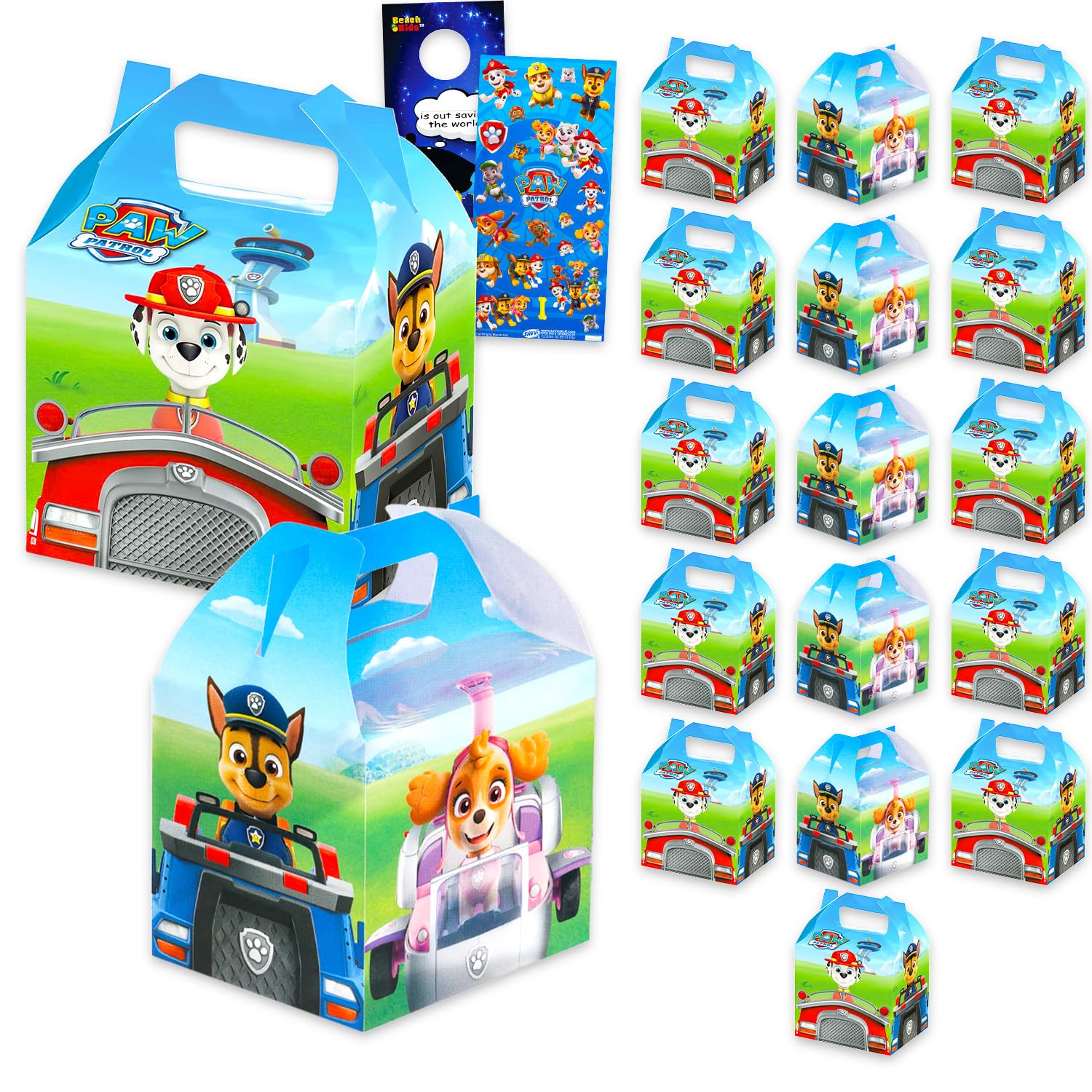 Paw Patrol treat boxes set with 16 boxes, ideal for party favors and prizes.