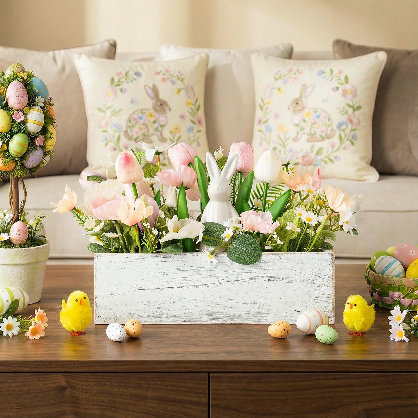 Pawliss pastel tulips and daisies arrangement brightens desks and mantels