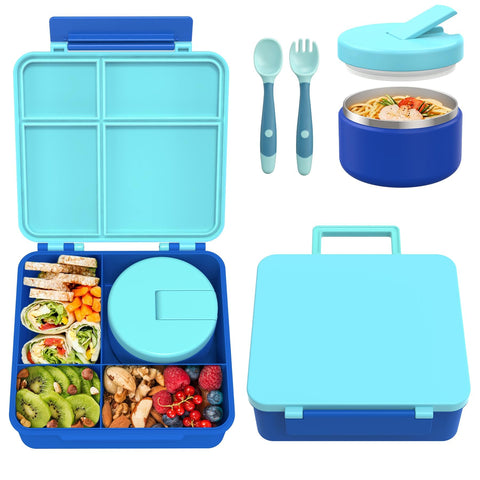 Pawtong Bento Lunch Box blue front view with four compartments for balanced meals.