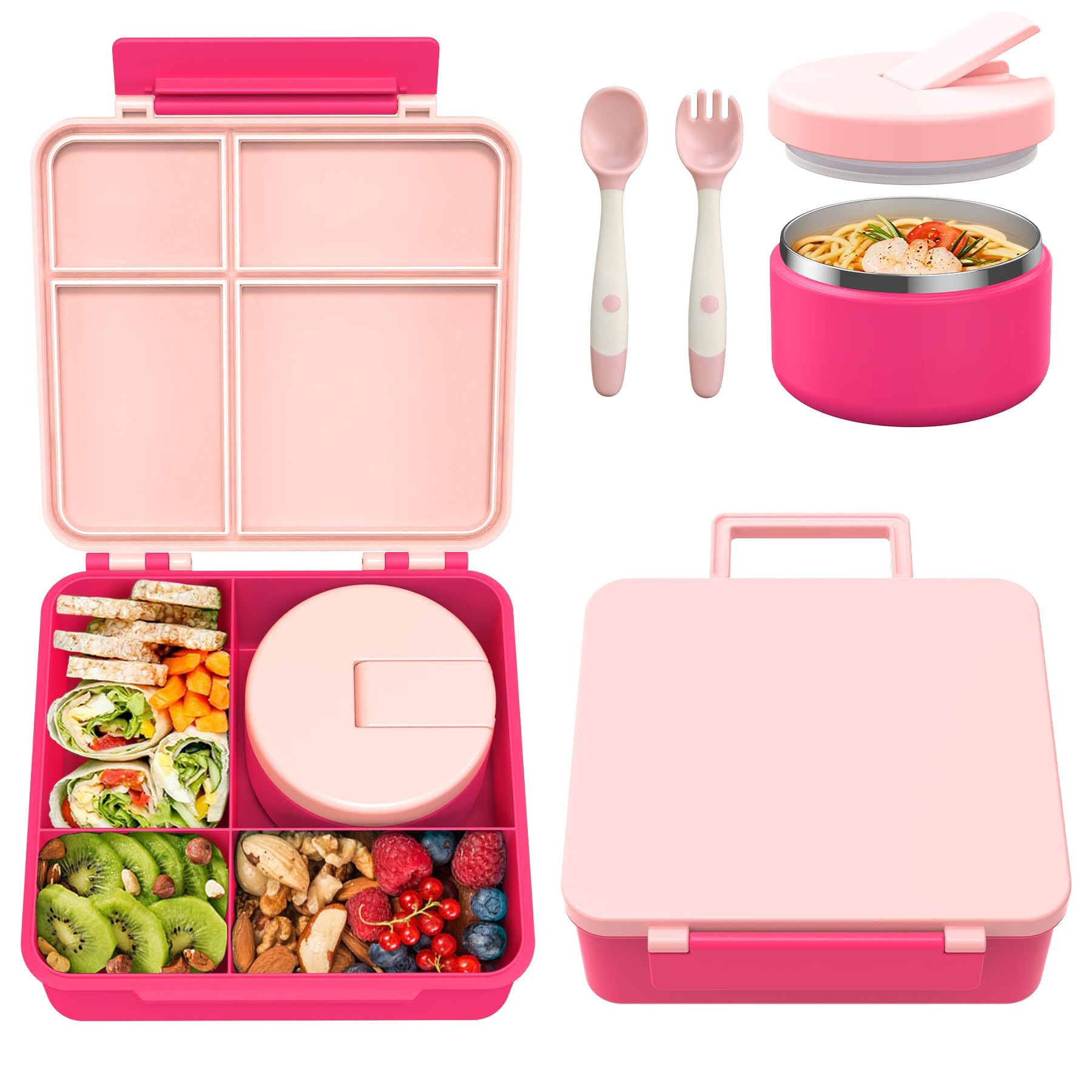 Pawtong Bento Lunch Box in pink with four compartments for balanced meals