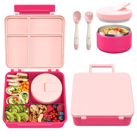 Pawtong Bento Lunch Box in pink with four compartments for balanced meals