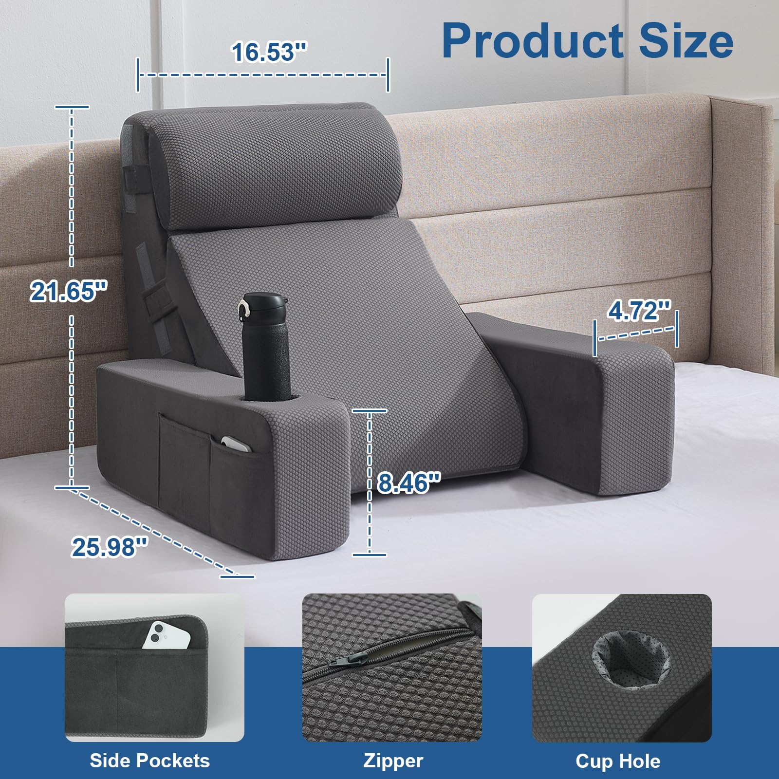 Paxato bedrest pillow with pockets and cup holder keeps essentials at hand.