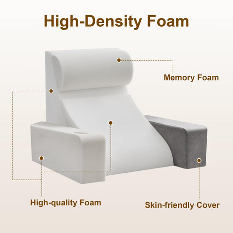 Paxato ergonomic bedrest pillow emphasizes curved arms to reduce fatigue during reading.