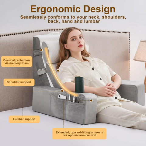 Paxato portable reading pillow with handle moves easily between bed and sofa.