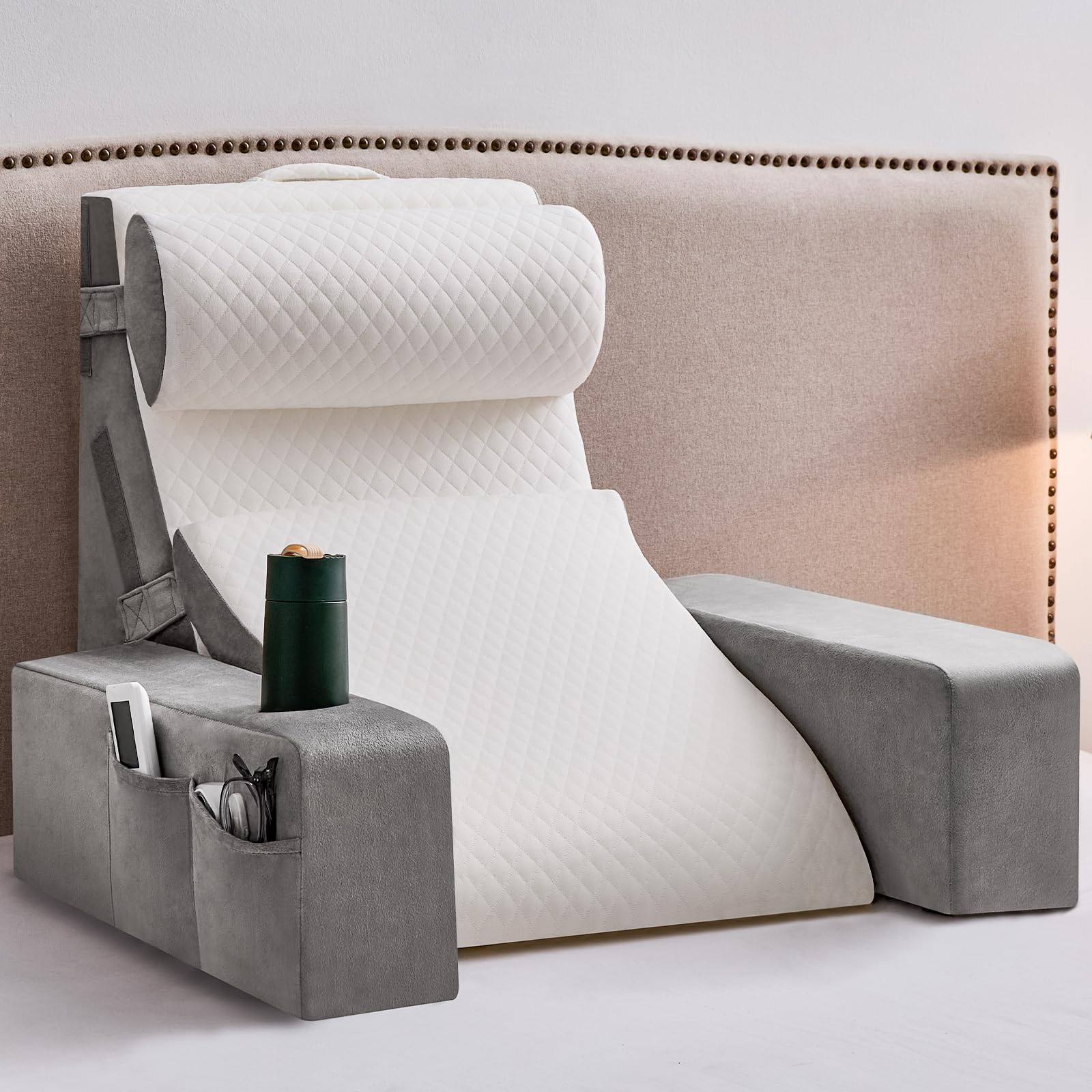 Paxato reading pillow with armrests supports comfortable bed reading and hands-free posture.