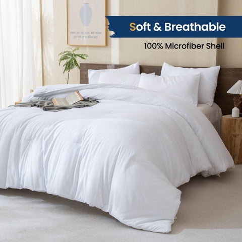 Paxrac Classic Pure White Comforter close-up reveals cloud-soft microfiber for cozy nights.
