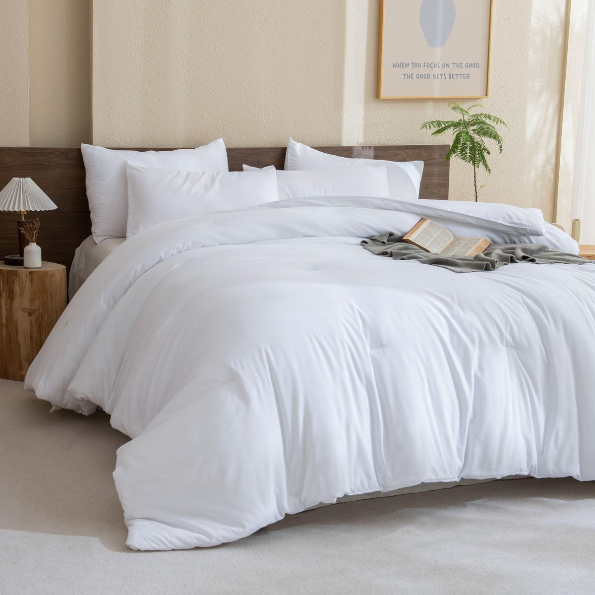 Paxrac Classic Pure White Comforter King Set on bed for a timeless, versatile look.