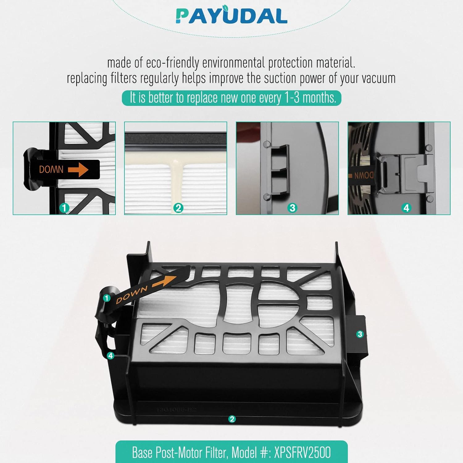 PAYUDAL base pre-motor foam filters capture fine particles and boost filtration
