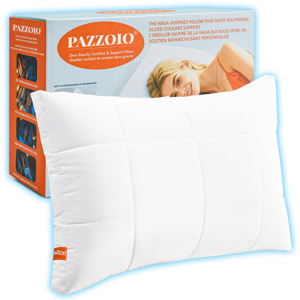 PAZZOIO cooling adjustable pillow for side sleepers aligns head and neck for neutral spine.