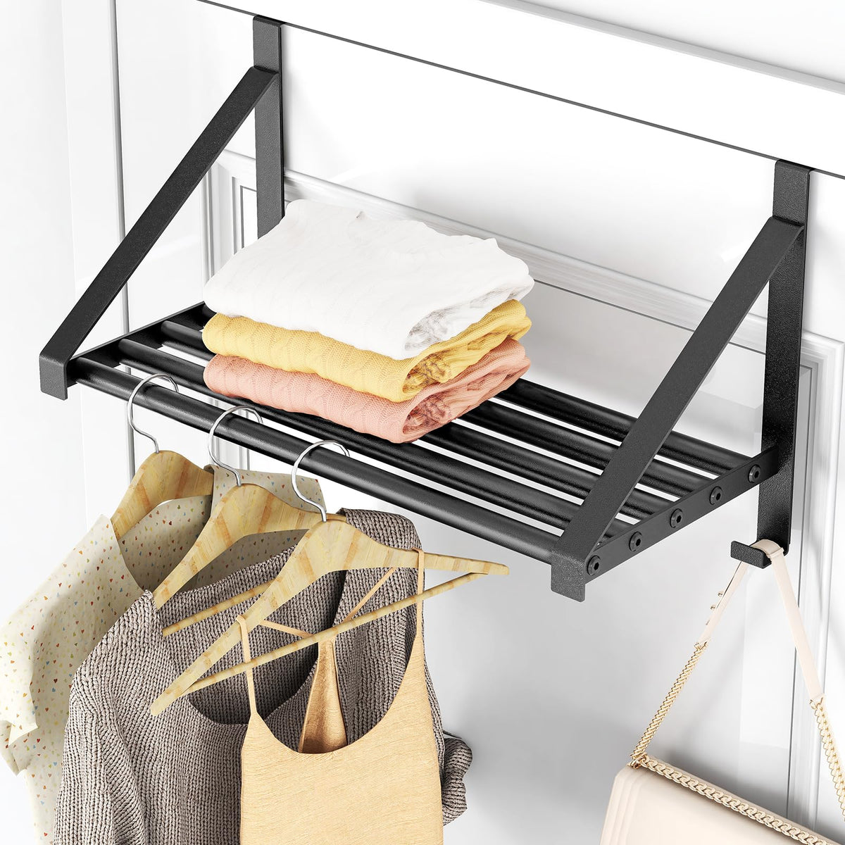 PDBADA over-the-door hanger with two hooks for towels and coats, extra hanging space.