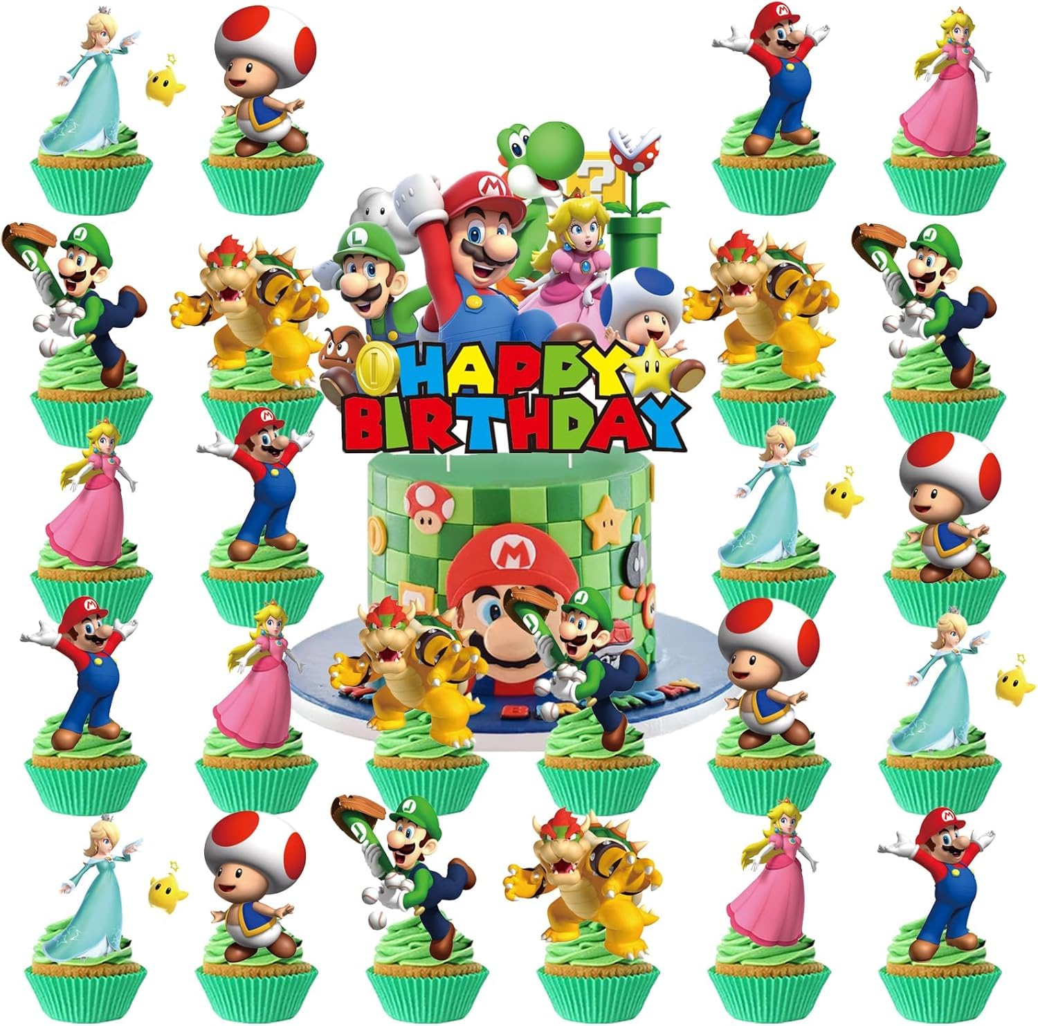 PEACHPUNK Mario cake toppers decorate cupcakes with character flair.