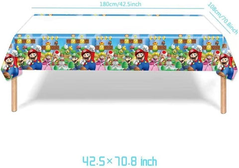 PEACHPUNK Mario tablecloth protects surfaces while tying the theme together.