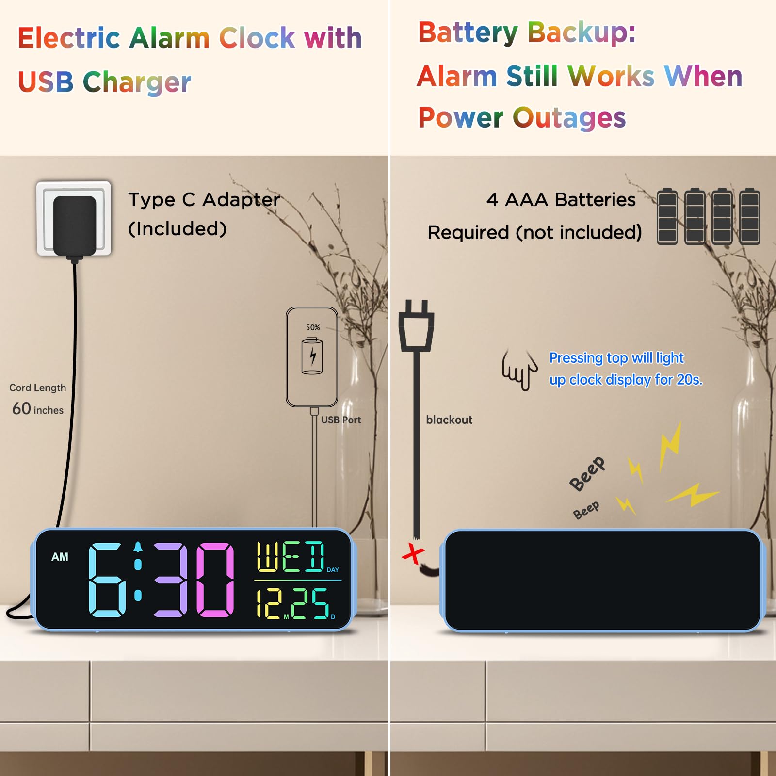 Peakeep alarm clock with battery backup preserves settings during outages
