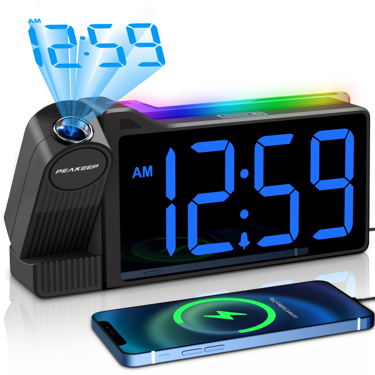 Peakeep projection alarm clock with 180-degree rotation projects time on ceiling for easy viewing.