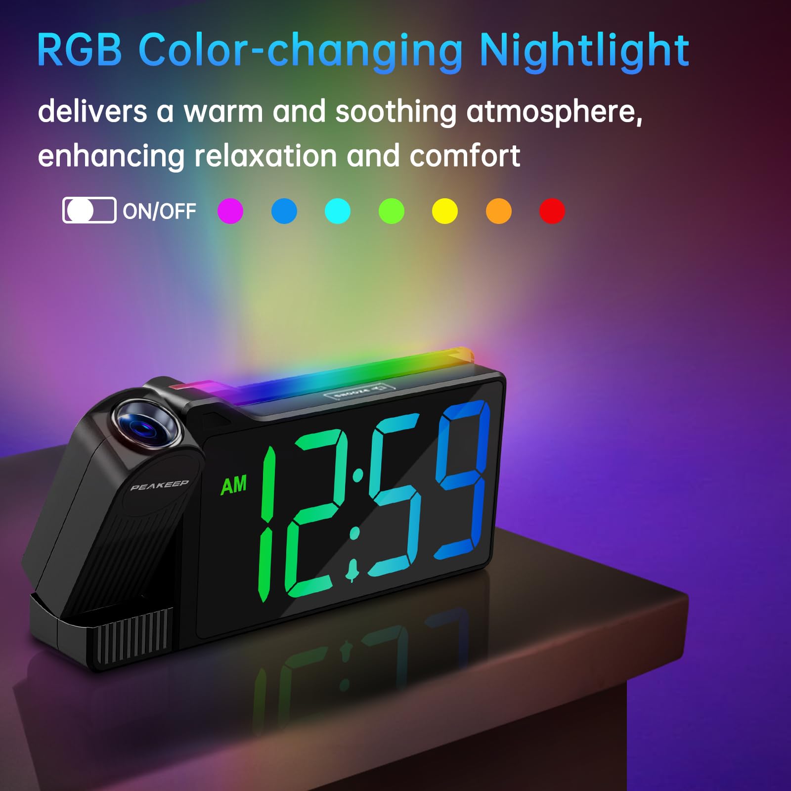 Peakeep projection clock alarms with adjustable volume for a gentler wake.