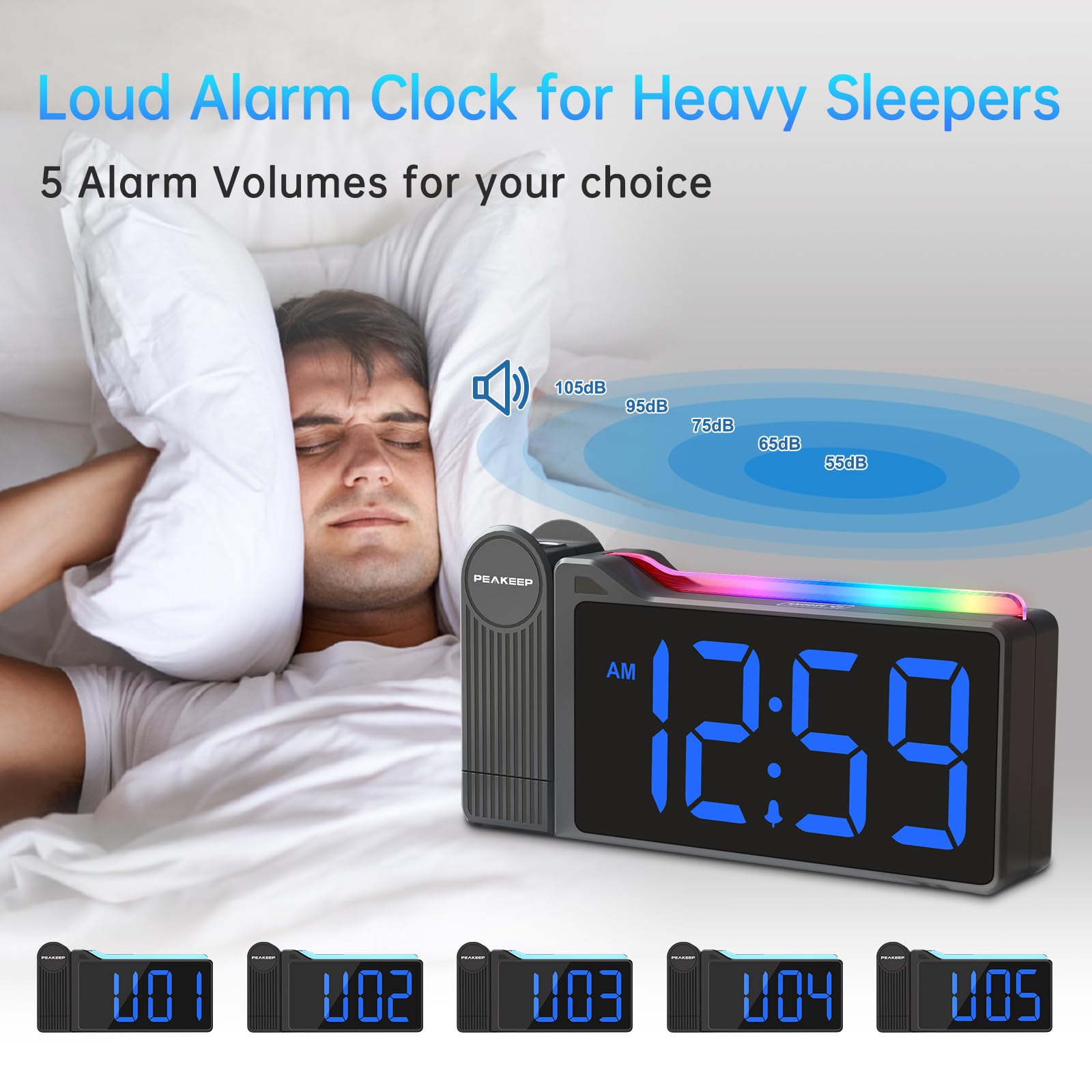 Peakeep projection clock battery backup preserves settings during power outages.