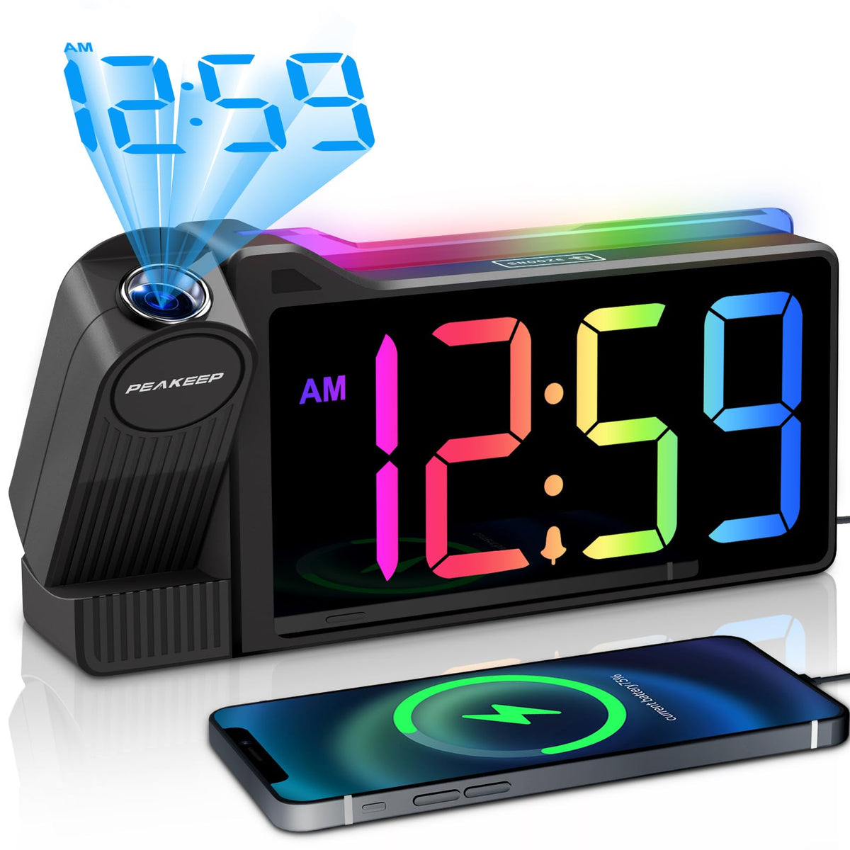 Peakeep projection clock ceiling rotation shows time from bed for quick checks.