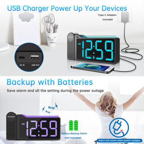 Peakeep projection clock seven-color nightlight cycles to ease night transitions.