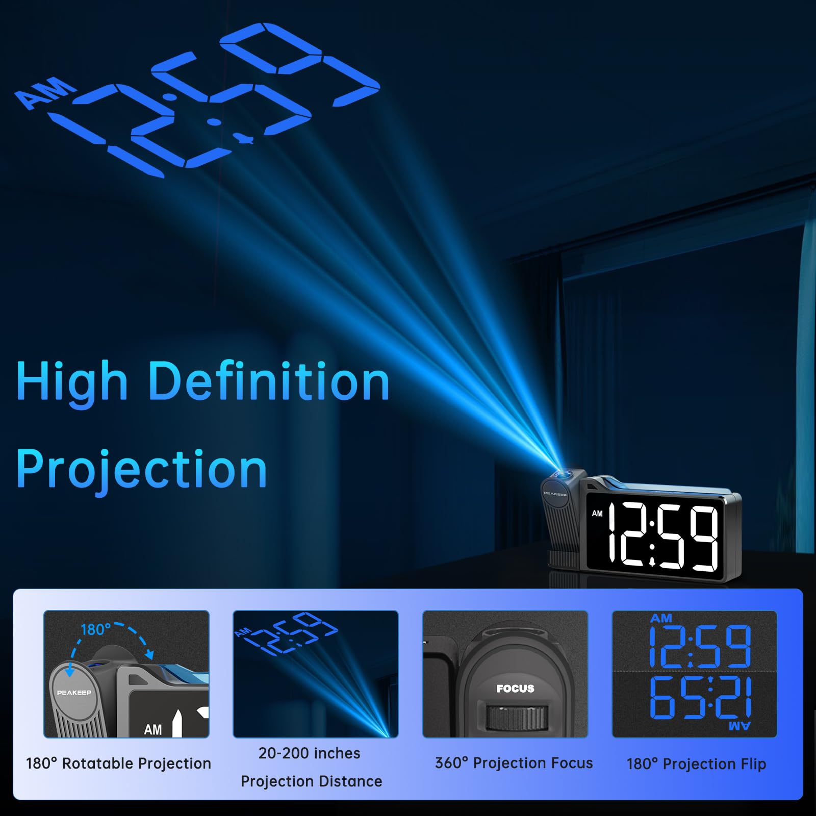 Peakeep projection clock RGB nightlight adds gentle room illumination for sleeping.