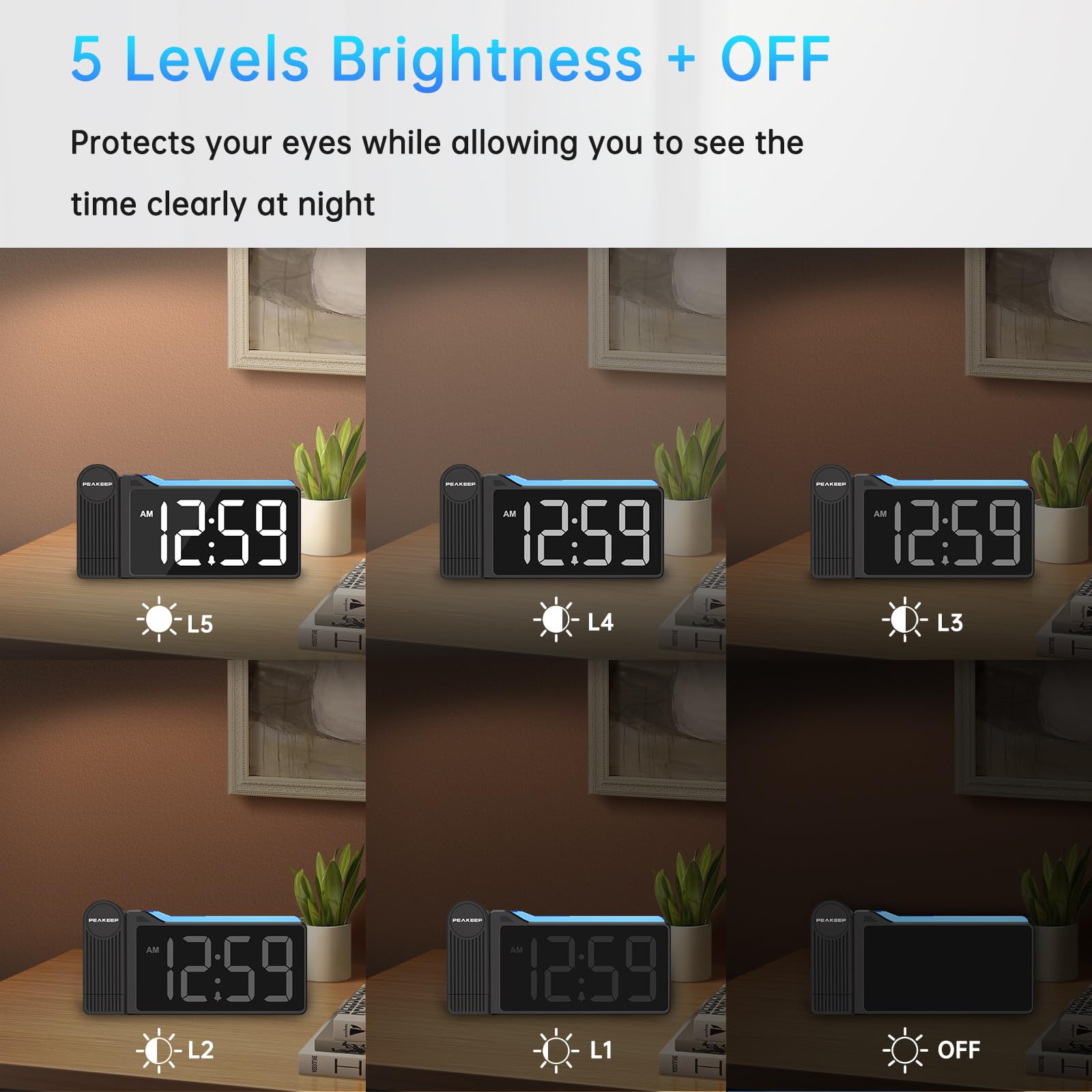 Peakeep projection clock USB charging port keeps your devices powered overnight.