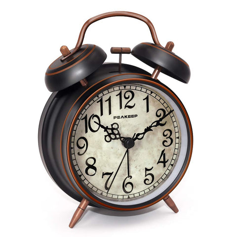 Peakeep retro twin-bell alarm clock front view with bold numerals for quick time reading.