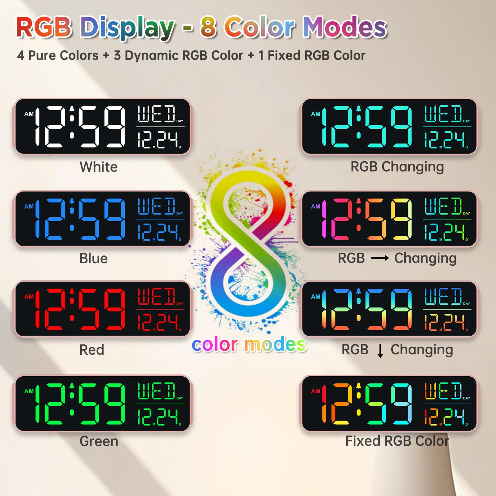 Peakeep RGB color cycle enhances room ambience with vibrant time display.