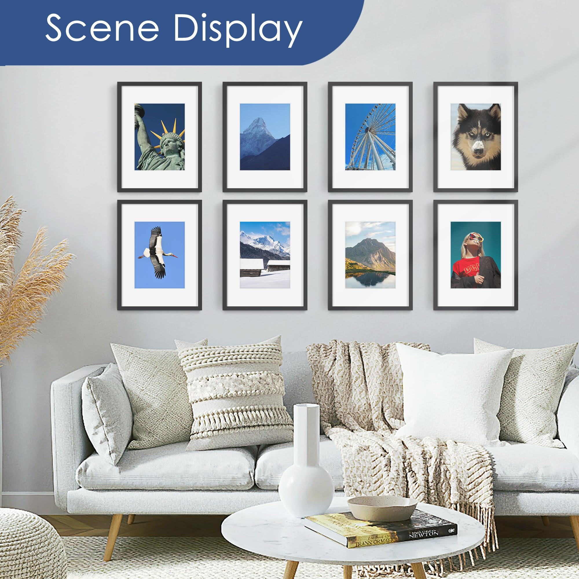 Six-frame wall collage with PEALSN frames creates a gallery-ready living room focal point.
