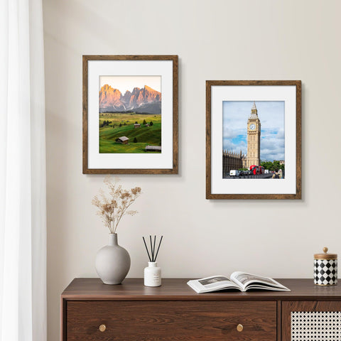 PEALSN rustic brown woodgrain frames highlight 8x10 photos with mat.