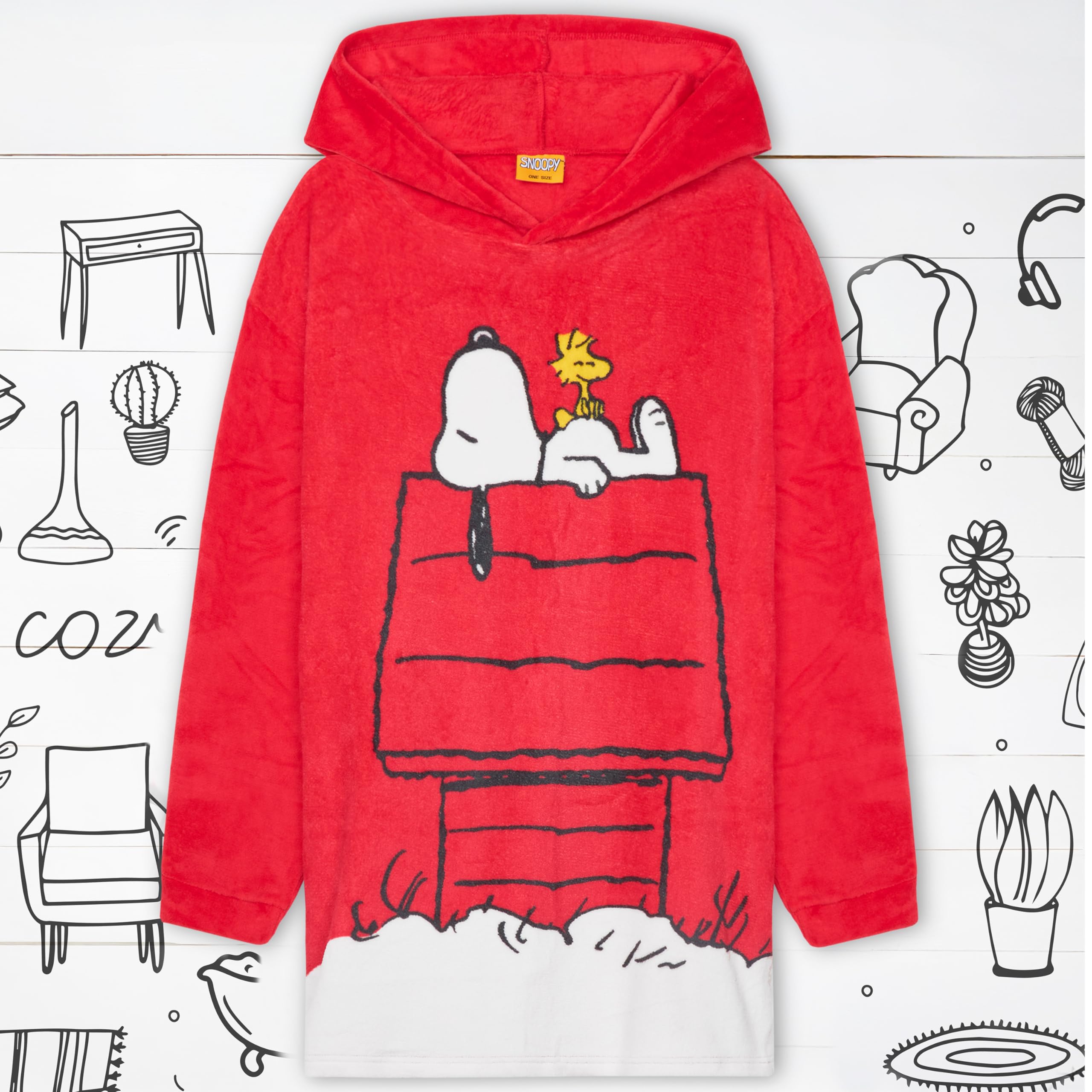 Peanuts Snoopy hoodie blanket close-up shows soft fleece texture.