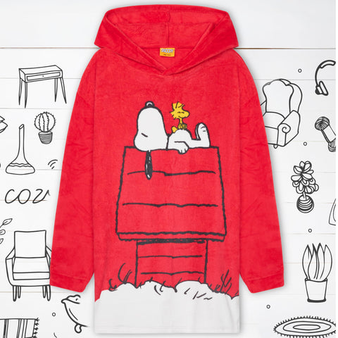 Peanuts Snoopy hoodie blanket close-up shows soft fleece texture.