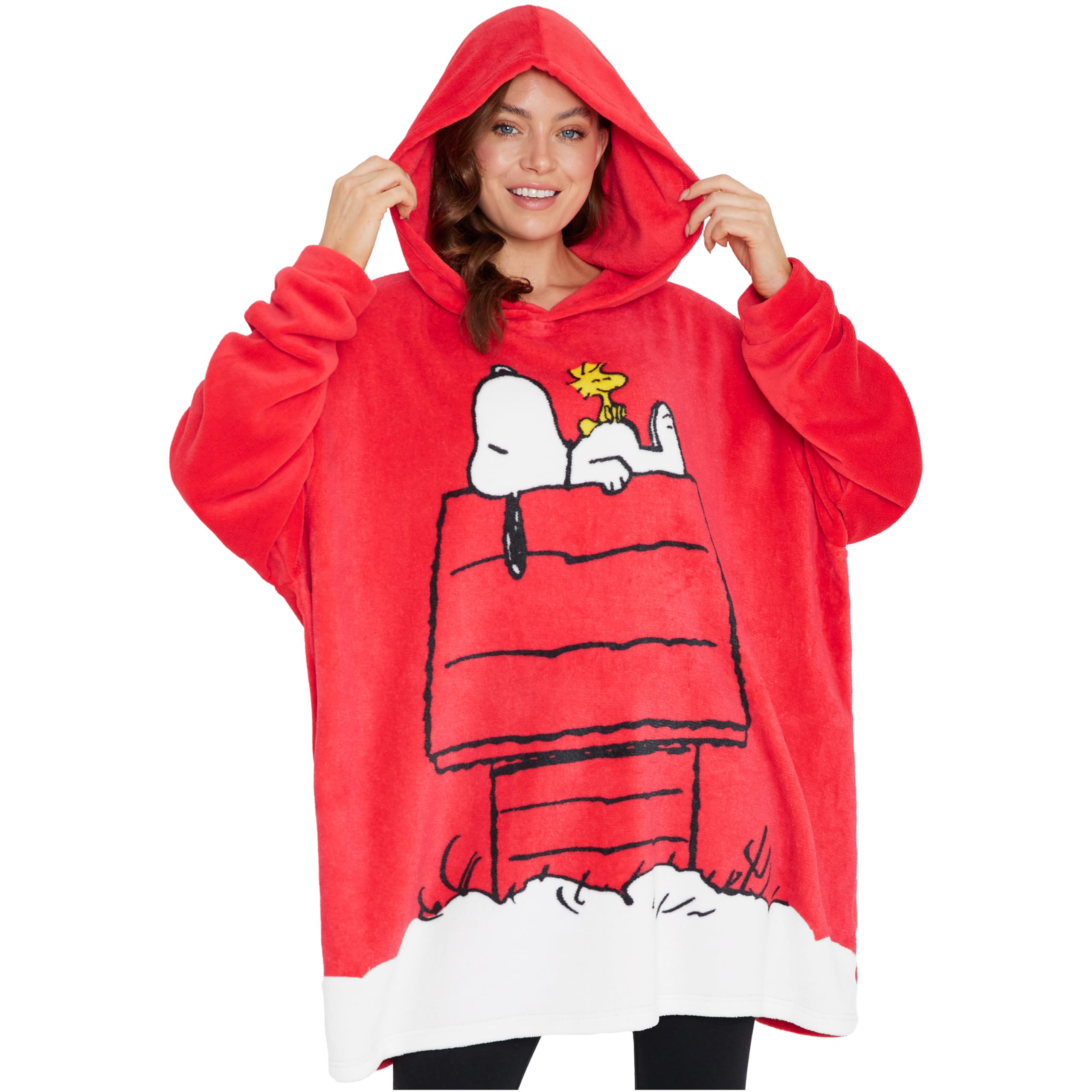 Peanuts Snoopy hoodie blanket pullover designed for cozy lounging in soft fleece.