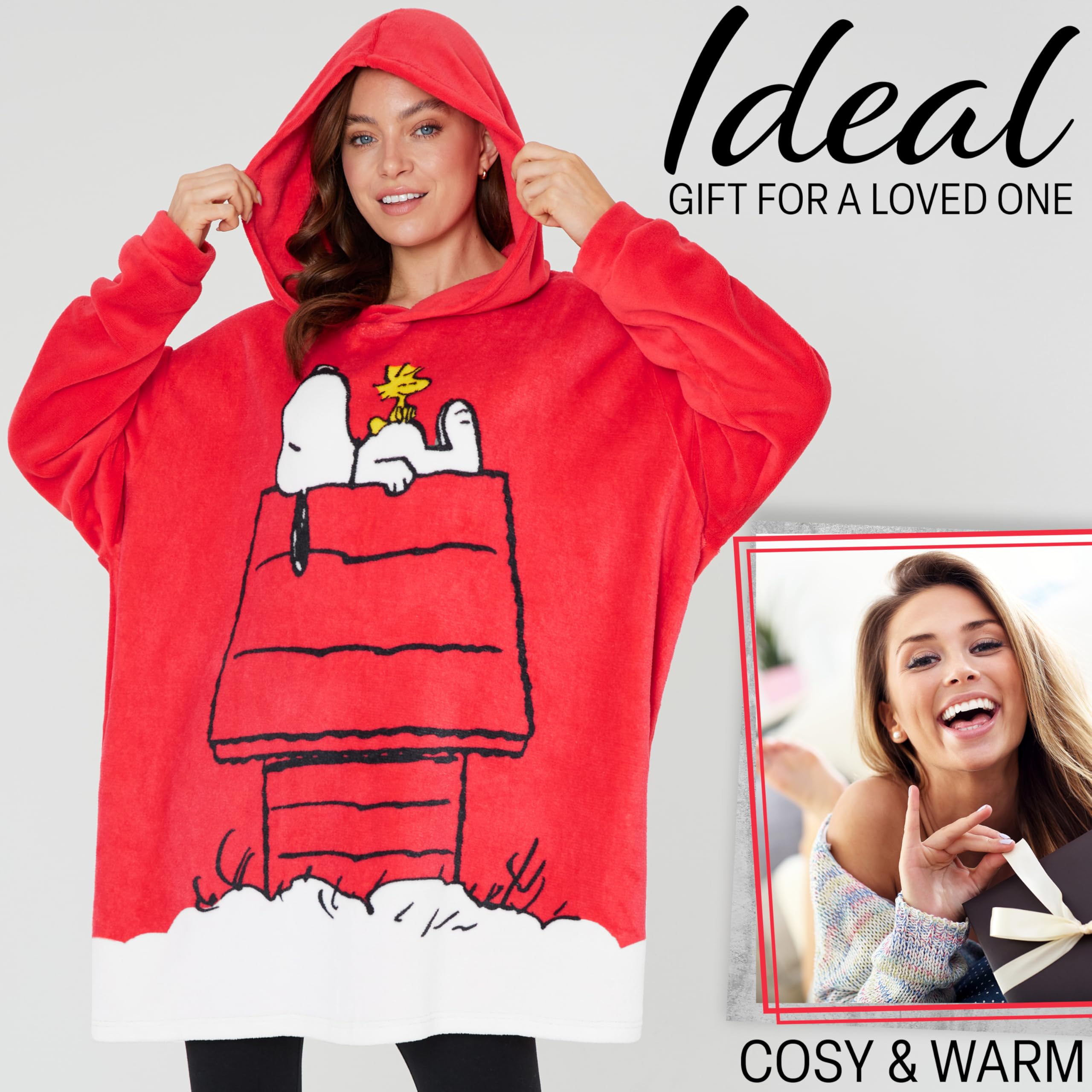 Peanuts Snoopy hoodie blanket on cozy couch, lightweight and breathable.