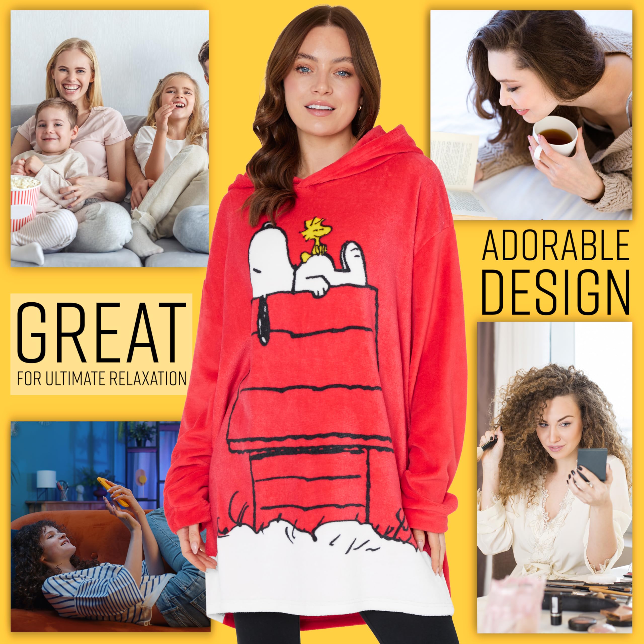 Peanuts Snoopy hoodie blanket worn as wearable warmth during movie marathons.
