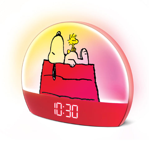 Peanuts Snoopy Sunrise Alarm Clock front view with gentle sunrise glow for a calmer wake-up