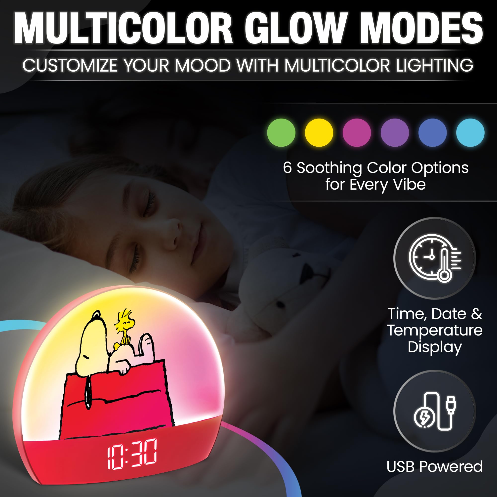Peanuts Snoopy Sunrise Alarm Clock multicolor lights set the mood for bright mornings