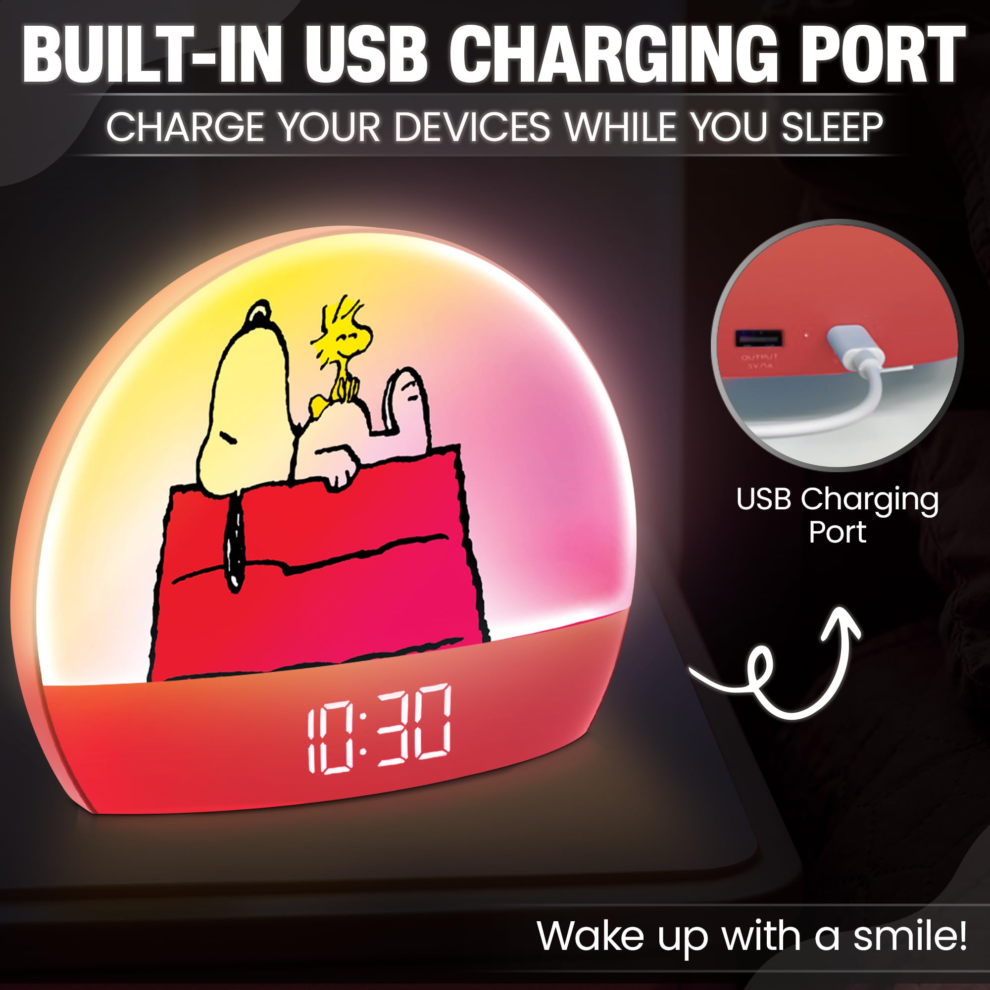 Peanuts Snoopy Sunrise Alarm Clock USB charging port keeps devices powered