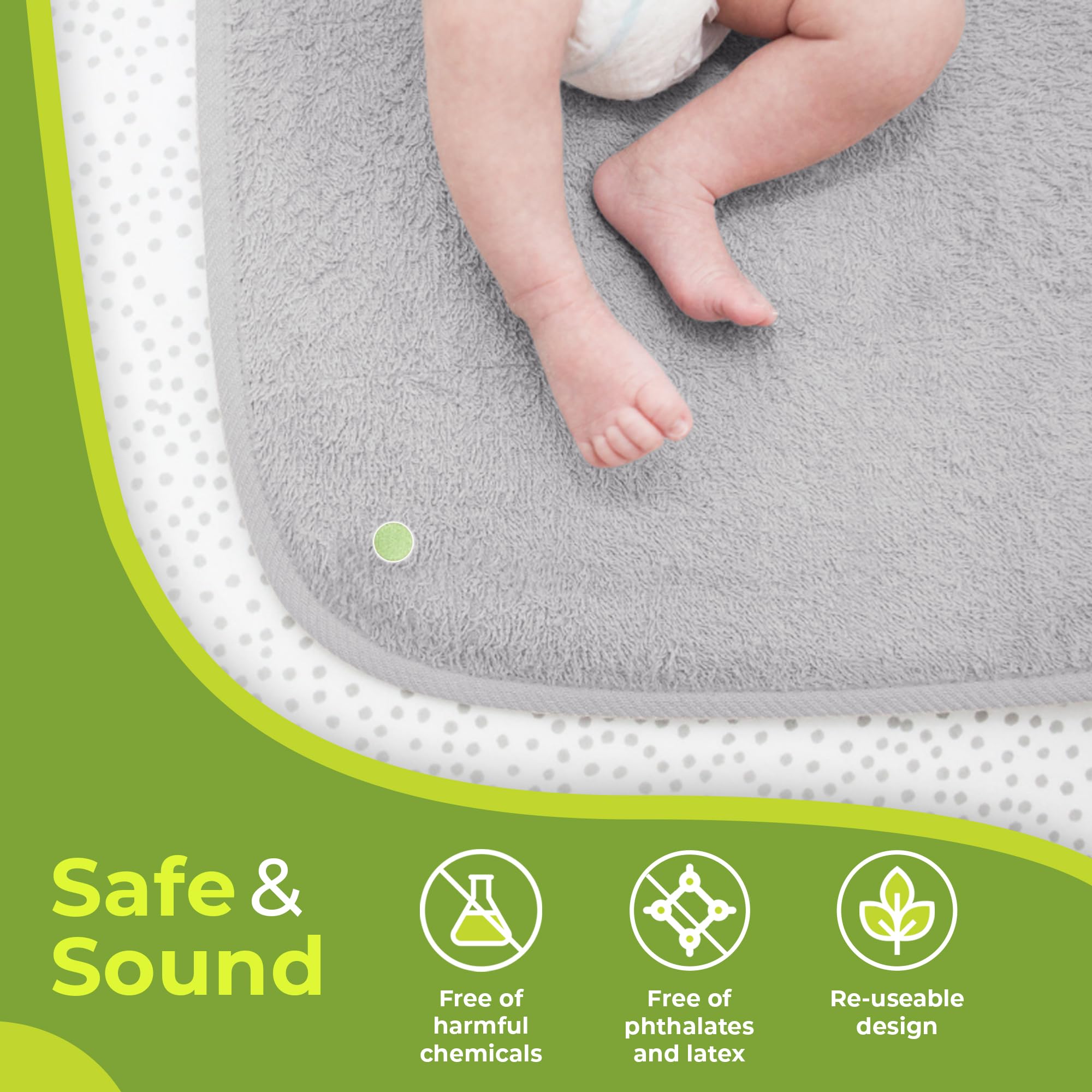 PeapodMats 3x5 light gray bed protector on bed demonstrates real life use.