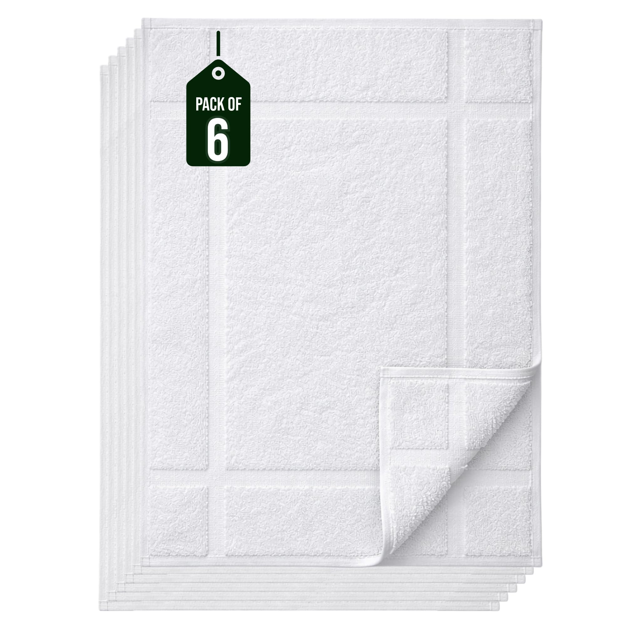 Pearl Linens 6-pack white bath mats, 18x25 inches, ultra soft and absorbent for bathrooms.